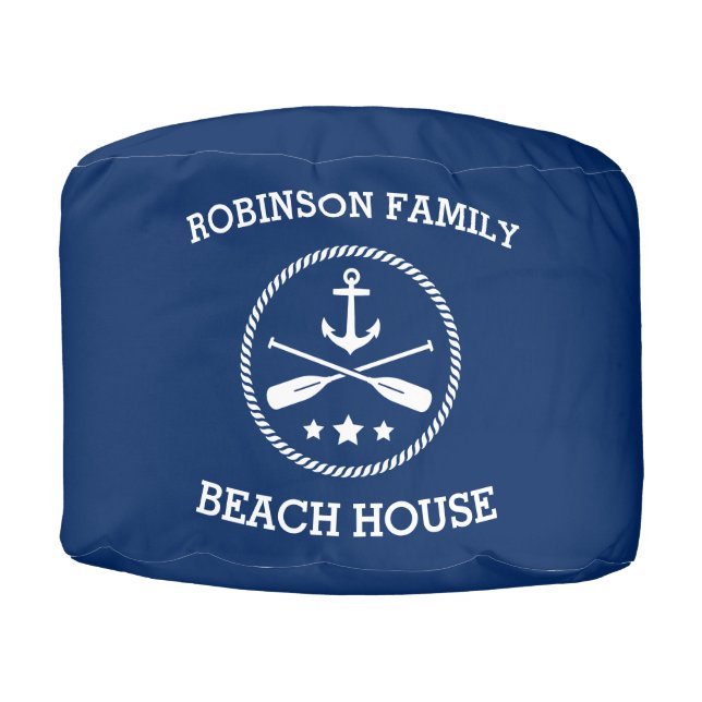 Family Name Beach House Anchor Oars Stars Navy Pouf (Front)