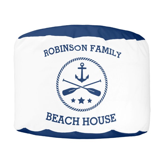 Family Name Beach House Anchor Oars Stars Rope Pouf (Front)