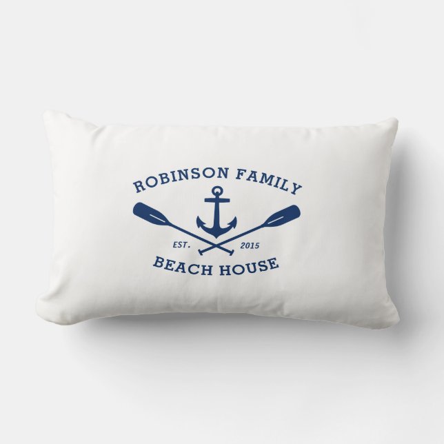 Family Name Beach House Boat Anchor Crossed Oars Lumbar Pillow (Front)