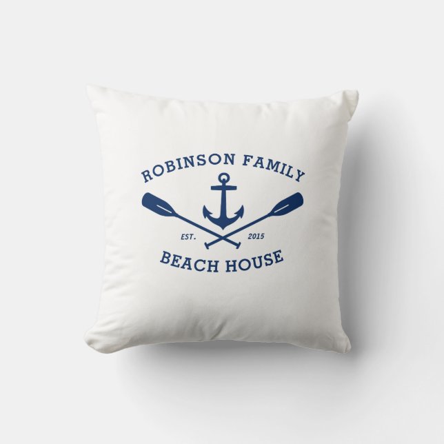 Family Name Beach House Boat Anchor Crossed Oars Throw Pillow (Front)