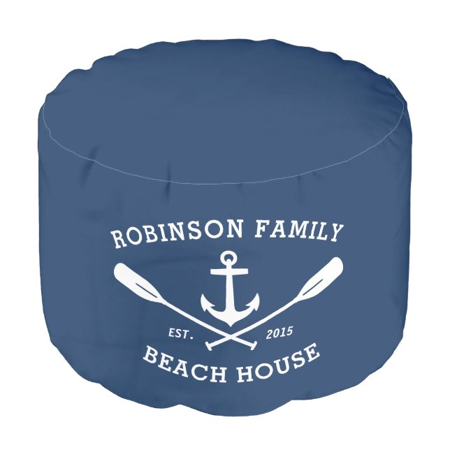 Family Name Beach House Boat Anchor Oars Navy Pouf (Angled Front)