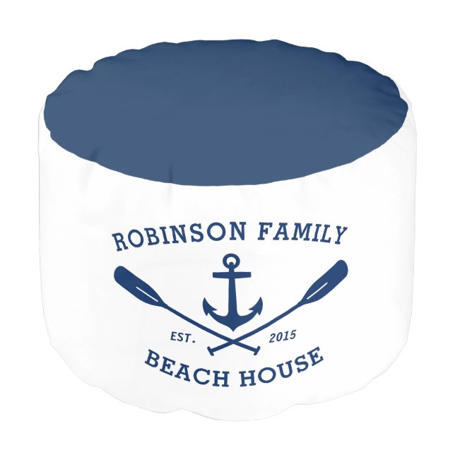 Family Name Beach House Boat Anchor Oars White Pouf (Angled Front)