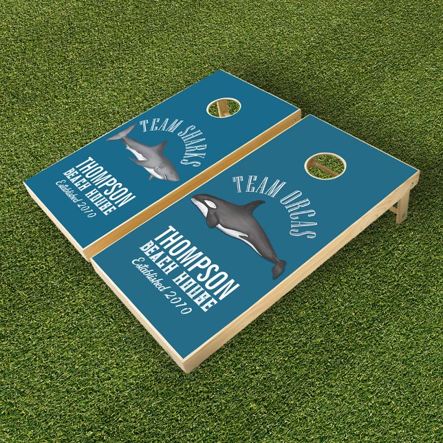 Family Name Beach House Custom Cornhole Set (Orca and sharks custom cornhole set)