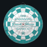 Family Name Beach House Dart Board<br><div class="desc">Bring coastal style to your game space with this Teal Blue Stripes Family Beach House Dartboard. Featuring a crisp white background, classic stripes, and a charming sea star accent, this dartboard showcases a logo-style design that can be personalized with your family name, beach house location, or established date. Perfect for...</div>