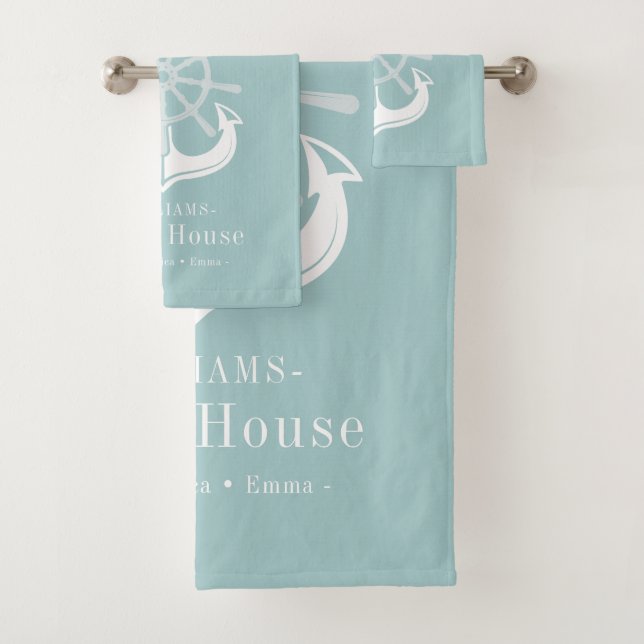 Family Name Beach House Nautical Anchor Bath Towel Set (Insitu)