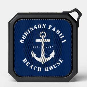 Family Name Beach House Nautical Anchor Navy Blue Bluetooth Speaker