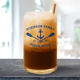 Family Name Beach House Nautical Anchor Oars Navy Can Glass