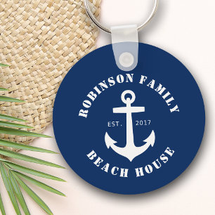 Family Name Beach House Nautical Boat Anchor Navy Keychain