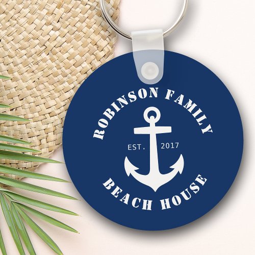 Family Name Beach House Nautical Boat Anchor Navy Keychain