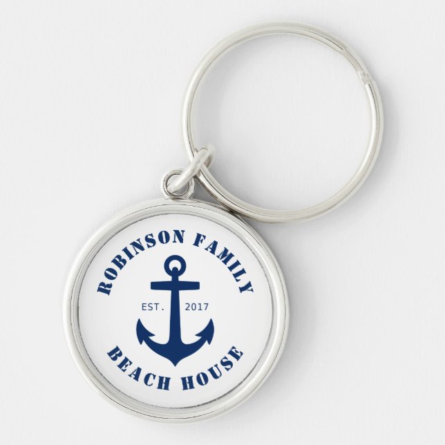 Family Name Beach House Nautical Boat Anchor White Keychain (Front)
