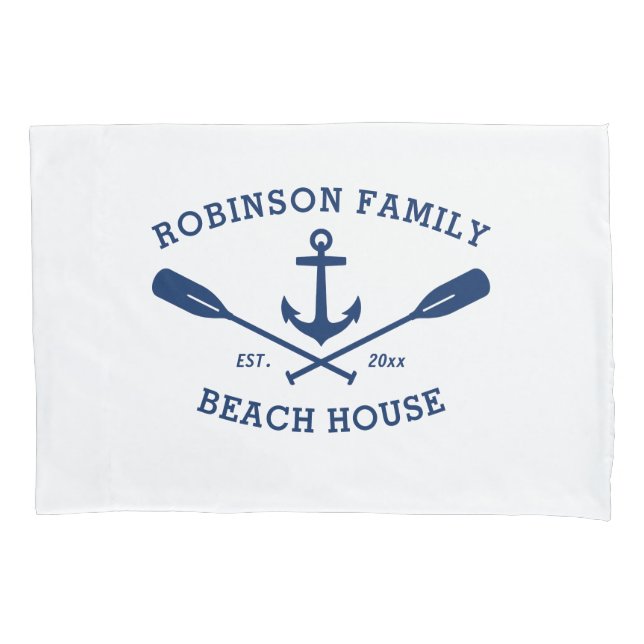 Family Name Beach House Nautical Ship Anchor Oars Pillow Case (Front)