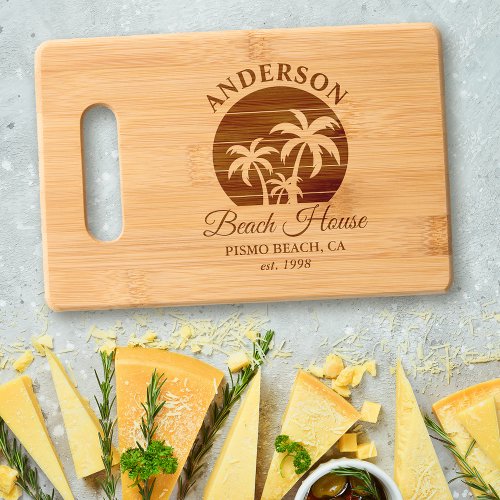 Family Name Beach House Palm Trees Cutting Board