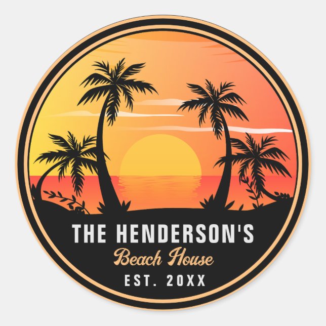 Family Name Beach House Retro Sunset Souvenirs 60s Classic Round Sticker (Front)
