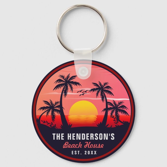 Family Name Beach House Retro Sunset Souvenirs 60s Keychain (Front)