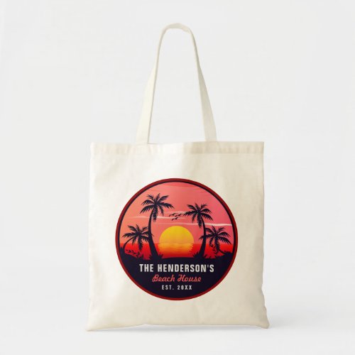 Family Name Beach House Retro Sunset Souvenirs 60s Tote Bag