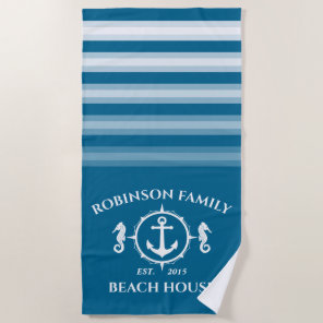 Family Name Beach House Seahorse Anchor Aqua Blue Beach Towel