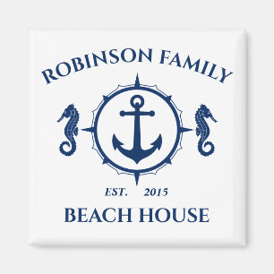 Family Name Beach House Seahorse Anchor Blue White Magnet