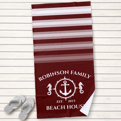 Family Name Beach House Seahorse Anchor Deep Red Beach Towel