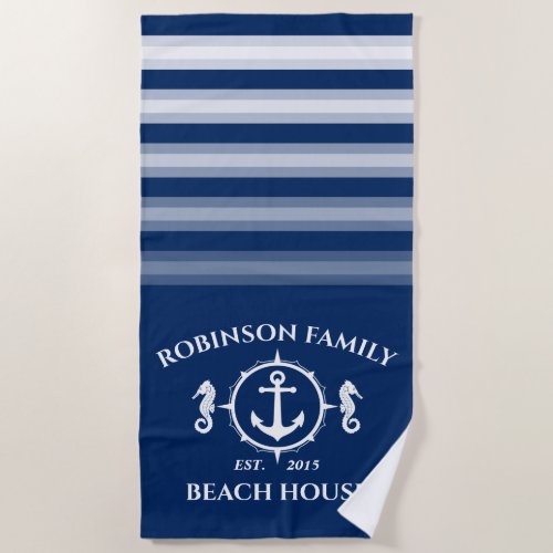 Family Name Beach House Seahorse Anchor Navy Blue Beach Towel