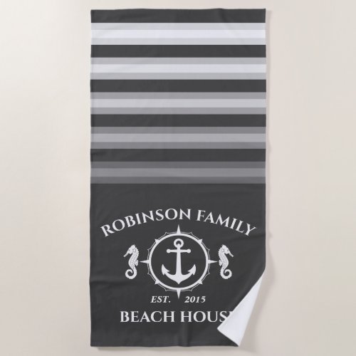 Family Name Beach House Seahorse Anchor Ship Gray Beach Towel