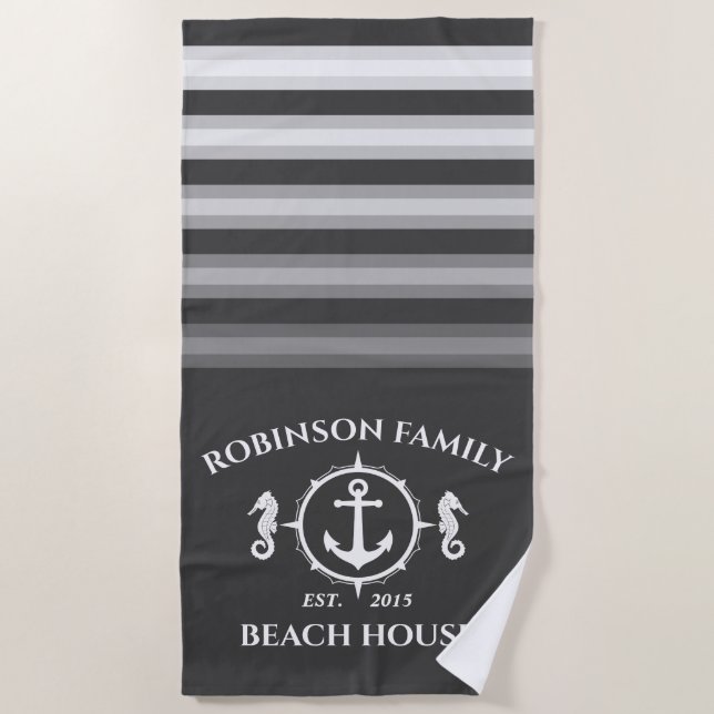 Family Name Beach House Seahorse Anchor Ship Gray Towel (Front)