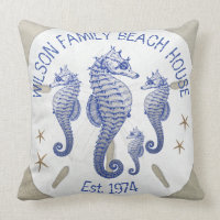 Family Name Beach House Seahorses Throw Pillow