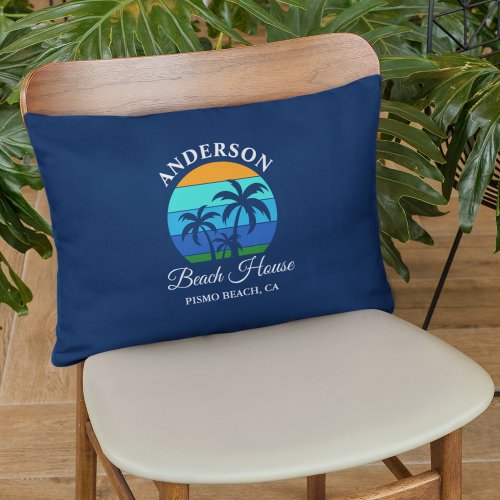 Family Name Beach House Sun Palm Trees Blue Accent Pillow