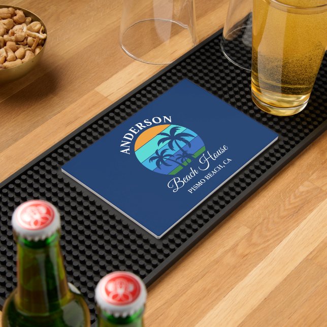 Family Name Beach House Sun Palm Trees Blue Bar Mat (Insitu (Bar 2))