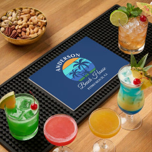 Family Name Beach House Sun Palm Trees Blue Bar Mat