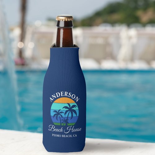 Family Name Beach House Sun Palm Trees Blue Bottle Cooler