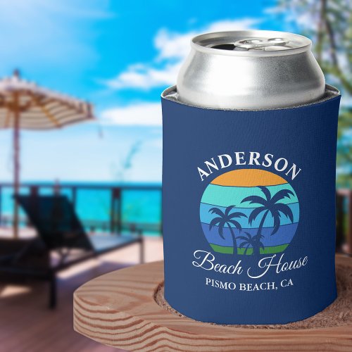 Family Name Beach House Sun Palm Trees Blue Can Cooler