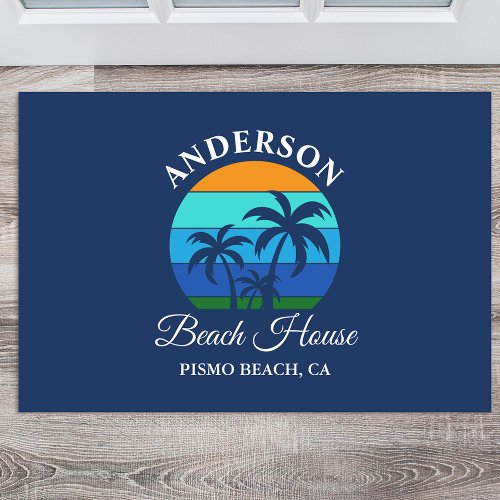 Family Name Beach House Sun Palm Trees Blue Doormat