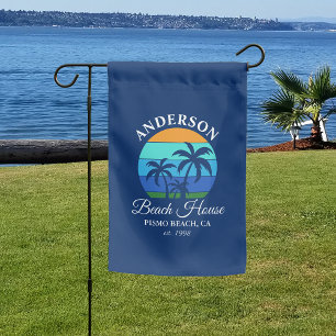 Family Name Beach House Sun Palm Trees Blue Garden Flag
