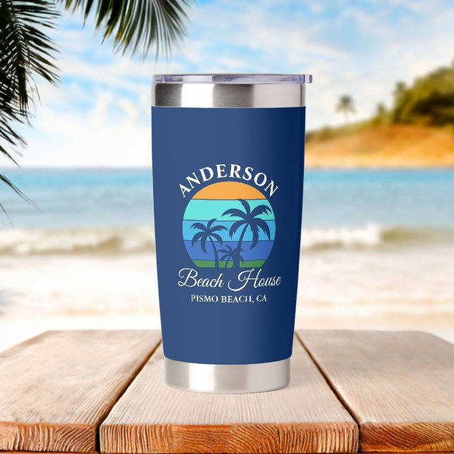Family Name Beach House Sun Palm Trees Blue Insulated Tumbler (Beach)