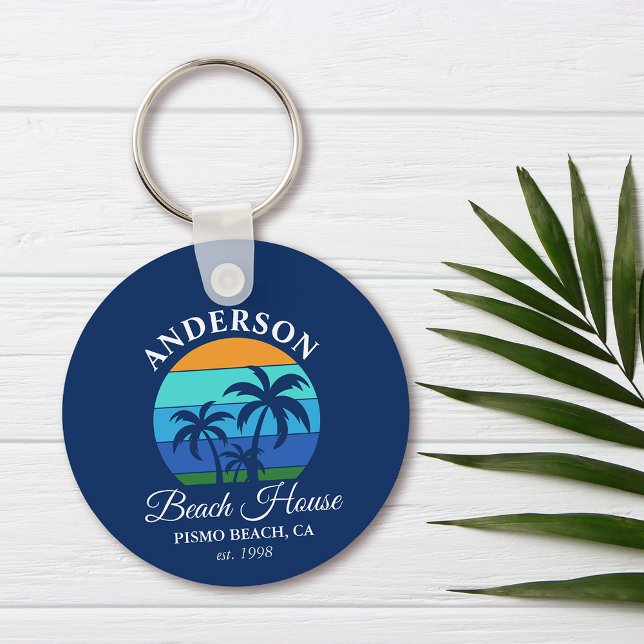 Family Name Beach House Sun Palm Trees Blue Keychain (Customize to change text size, style or background color.)