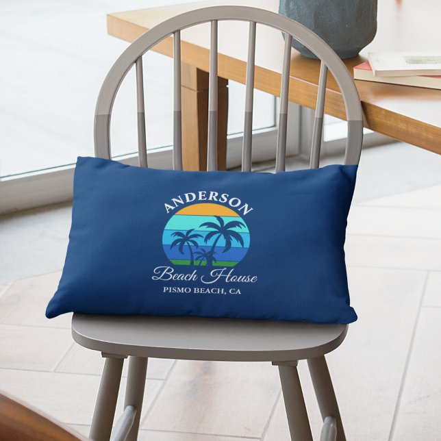 Family Name Beach House Sun Palm Trees Blue Lumbar Pillow (Customize to change text size, style or background color.)