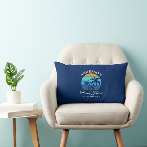 Family Name Beach House Sun Palm Trees Blue Lumbar Pillow