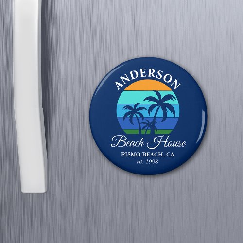 Family Name Beach House Sun Palm Trees Blue Magnet