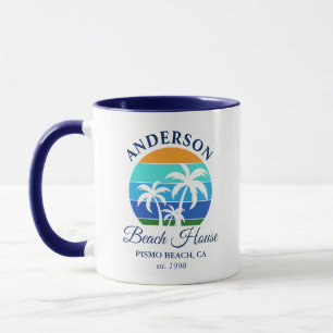 Family Name Beach House Sun Palm Trees Blue Mug