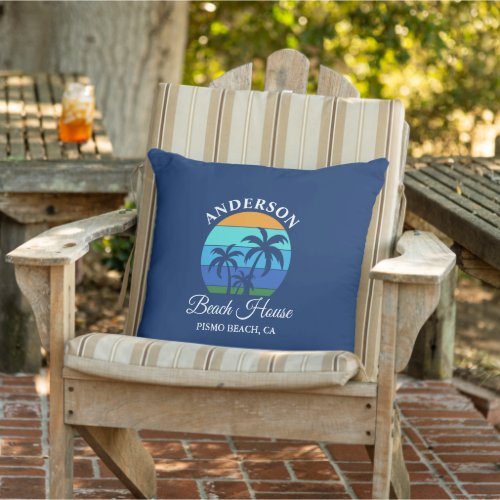 Family Name Beach House Sun Palm Trees Blue Outdoor Pillow