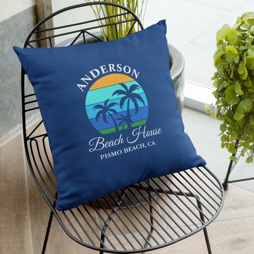 Family Name Beach House Sun Palm Trees Blue Outdoor Pillow
