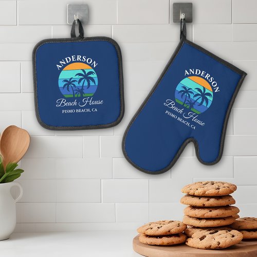 Family Name Beach House Sun Palm Trees Blue Oven Mitt  Pot Holder Set