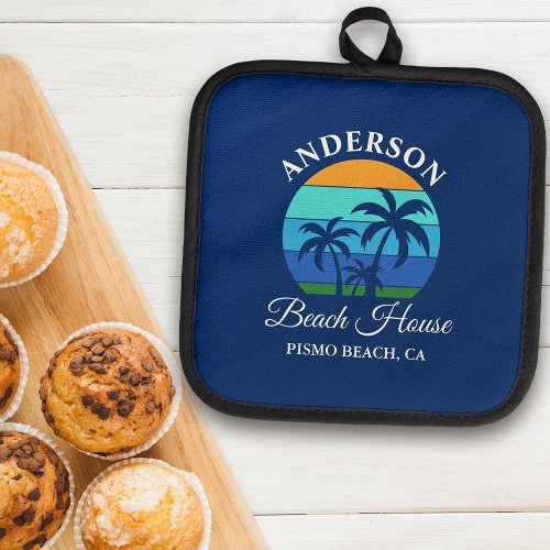 Family Name Beach House Sun Palm Trees Blue Pot Holder