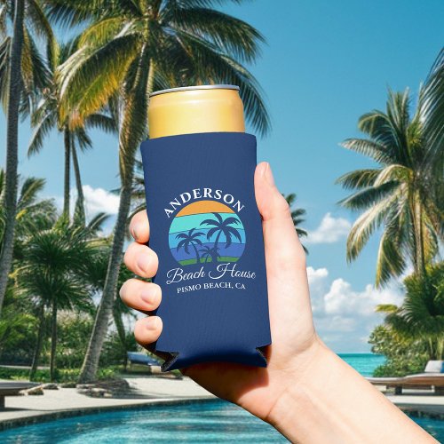 Family Name Beach House Sun Palm Trees Blue Seltzer Can Cooler