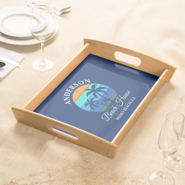 Family Name Beach House Sun Palm Trees Blue Serving Tray (Front)