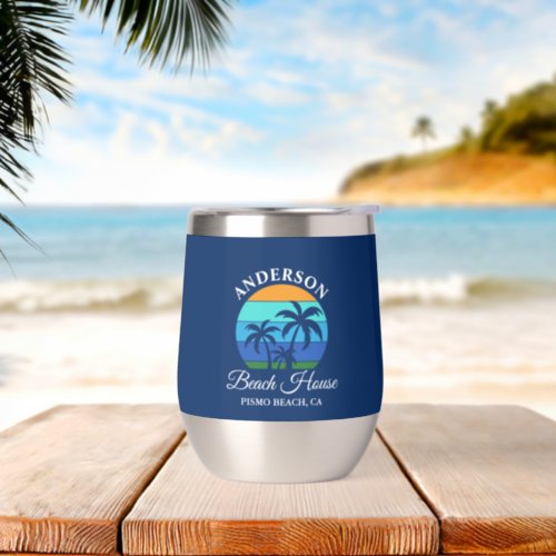 Family Name Beach House Sun Palm Trees Blue Thermal Wine Tumbler