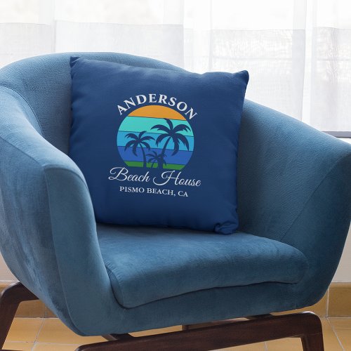 Family Name Beach House Sun Palm Trees Blue Throw Pillow