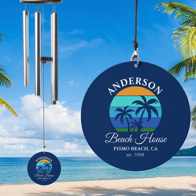 Family Name Beach House Sun Palm Trees Blue Wind Chime (Wind Chime - Customize with your family name, location and more)