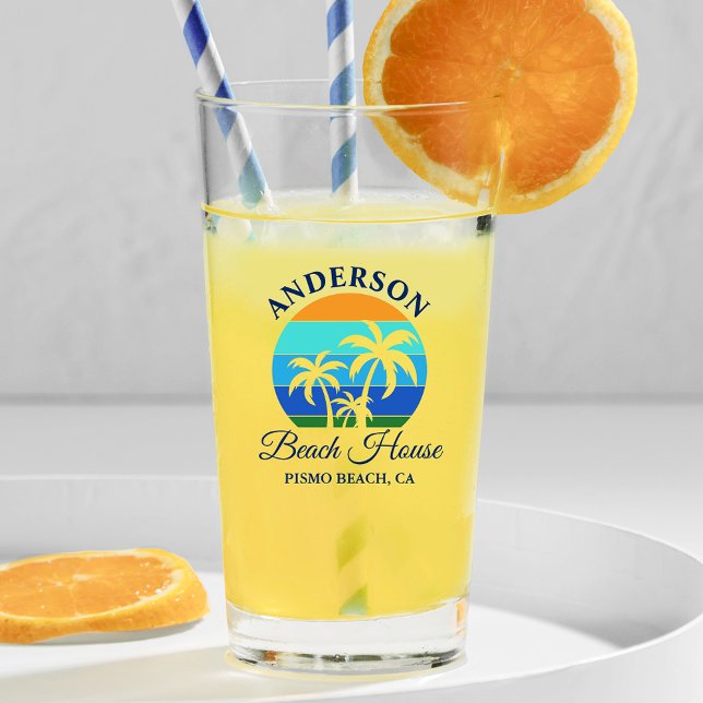 Family Name Beach House Sun Palm Trees Glass (Customize to change text size, color or text style.)