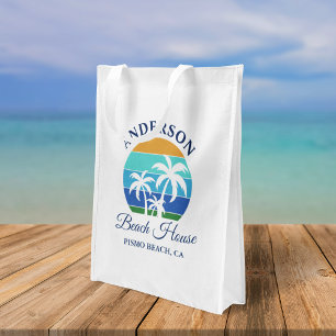 Family Name Beach House Sun Palm Trees Grocery Bag